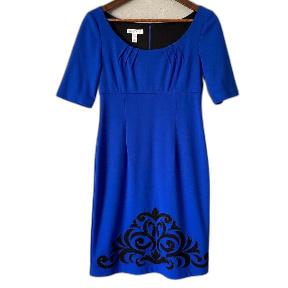 London Times Women's Dress Blue Scoop Neck Solid Sheath Black Folk Art Mini Sz 4